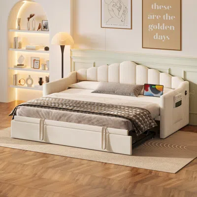 Streamdale Furniture Streamdale Upholstered Twin Daybed With Pop Up Trundle & Usb Charging, Beige In Nude