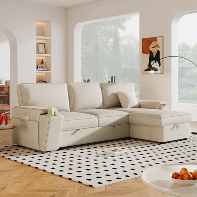 Streamdale Furniture Streamdale Upholstery Sleeper Sectional Sofa With Storage Bags And 2 Cup In Neutral