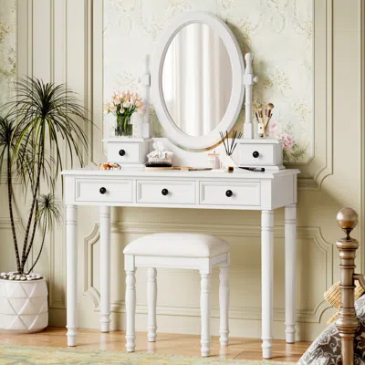 Streamdale Furniture Streamdale Vanity Desk With Adjustable Mirror, Cushioned Stool & 5 Drawers - White