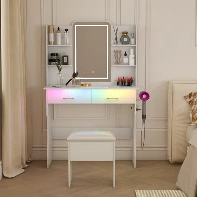 Streamdale Furniture Streamdale Vanity Desk With Led Lights Mirror, Power Outlet, Drawers & Chair - White