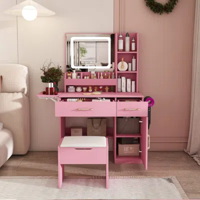 Streamdale Furniture Streamdale Vanity Desk With Led Mirror, Power Outlet, 3 Drawers, 7 Shelves & Stool (pink)
