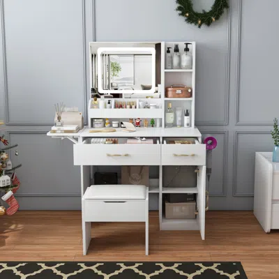 Streamdale Furniture Streamdale Vanity Desk With Led Mirror Power Outlet 3 Drawers 7 Shelves & Stool (white)
