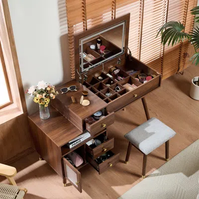 Streamdale Furniture Streamdale Vanity Desk With Lighted Mirror, Adjustable Cabinet, Stool, Walnut