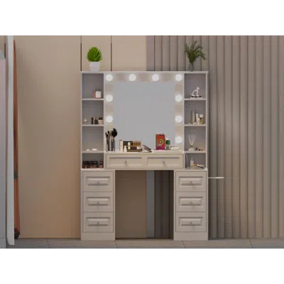 Streamdale Furniture Streamdale Vanity Desk With Lighted Mirror & Charging Station In Brown