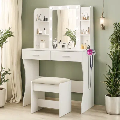 Streamdale Furniture Streamdale Vanity Desk With Lighted Mirror, Power Outlet, Shelves & Stool - White