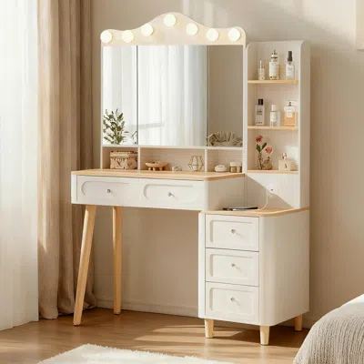Streamdale Furniture Streamdale Vanity Desk With Lighted Mirror, Usb Power, Drawers & Chest (white)