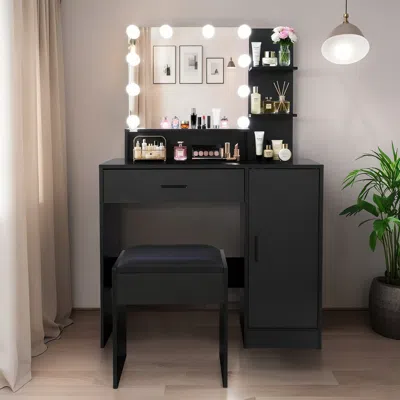 Streamdale Furniture Streamdale Vanity Desk With Mirror & Lights, Drawer & Cabinet, Black