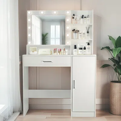 Streamdale Furniture Streamdale Vanity Desk With Mirror & Lights, Drawer & Storage, White