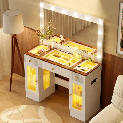 Streamdale Furniture Streamdale Vanity Desk With Mirror, Lights, Drawers & Outlet