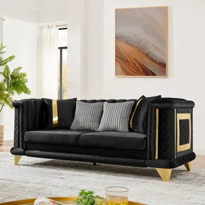 Streamdale Furniture Streamdale Velvet 3 Seater Sofa, Gold Trim, Tufted Couch With Pillows, Black