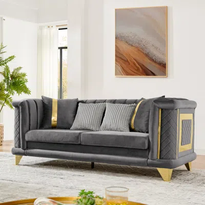 Streamdale Furniture Streamdale Velvet 3 Seater Sofa, Gold Trim, Tufted, Pillows, Gray
