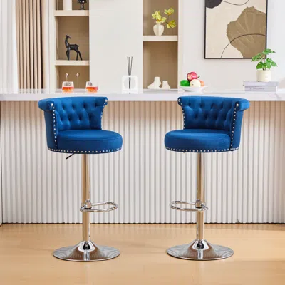 Streamdale Furniture Streamdale Velvet Bar Stool Set Of 2, Adjustable Swivel, Silver Legs In Blue