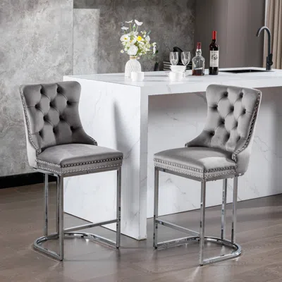 Streamdale Furniture Streamdale Velvet Bar Stools Set Of 2 With Chromed Metal Base Legs