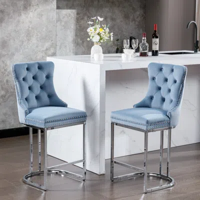 Streamdale Furniture Streamdale Velvet Bar Stools Set Of 2 With Chromed Metal Base Legs