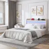 Streamdale Furniture Streamdale Velvet Beige Bed Frame With Storage & Led Lights, No Box Spring