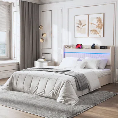 Streamdale Furniture Streamdale Velvet Beige Bed Frame With Storage & Led Lights, No Box Spring