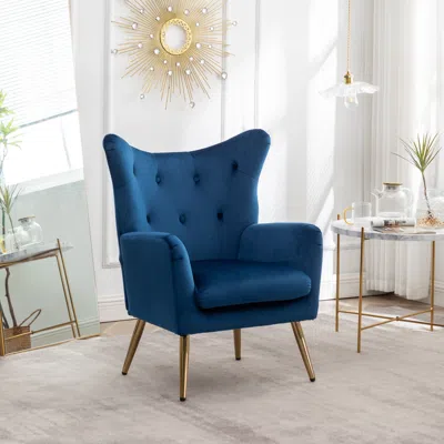 Streamdale Furniture Streamdale Velvet Button-tufted Wing Back Accent Chair In Blue