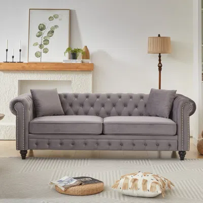Streamdale Furniture Streamdale Velvet Chesterfield Sofa 85.5" Rolled Arms 3 Seater Button Design + 2 Cushions