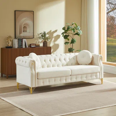Streamdale Furniture Streamdale Velvet Chesterfield Sofa With Pillows & Studs, Metal Legs In White