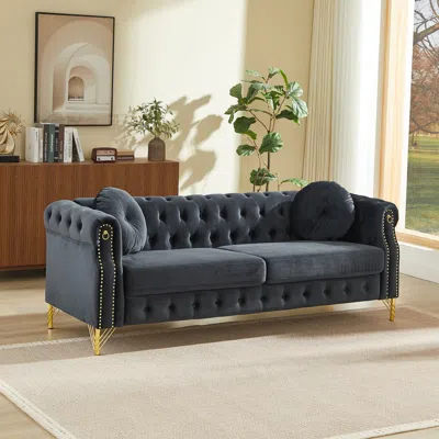 Streamdale Furniture Streamdale Velvet Chesterfield Sofa With Pillows & Studs, Metal Legs In Blue
