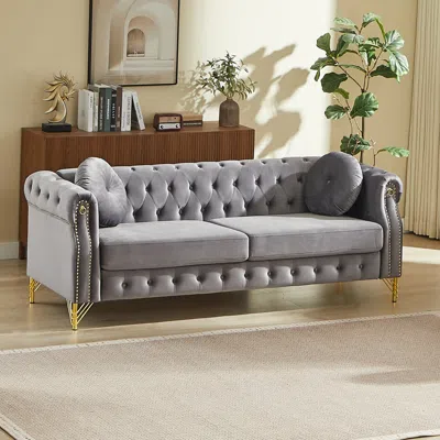 Streamdale Furniture Streamdale Velvet Chesterfield Sofa With Pillows & Studs, Metal Legs