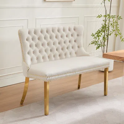 Streamdale Furniture Streamdale Velvet Dining Loveseat Bench, Tufted 2-seat, Gold Legs, Mid Century Modern, Beige