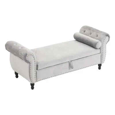 Streamdale Furniture Streamdale Velvet Multifunctional Storage Rectangular Ottoman Bench With 1 Pillow, Grey In Gray
