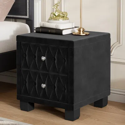 Streamdale Furniture Streamdale Velvet Nightstand 2 Drawers Crystal Handle Black
