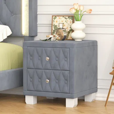 Streamdale Furniture Streamdale Velvet Nightstand 2 Drawers Crystal Handle Grey In Gray