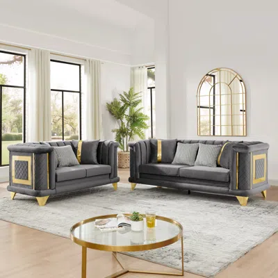 Streamdale Furniture Streamdale Velvet Sofa Set Gold Trim Embroidered Mid Century Modern Gray