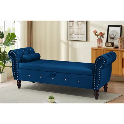 Streamdale Furniture Streamdale Velvet Storage Ottoman Bench With Crystal Buckle, Blue