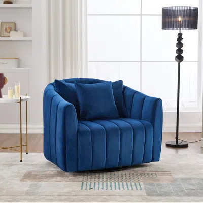 Streamdale Furniture Streamdale Velvet Swivel Barrel Chair & Half Sofa W/ Pillows - Navy