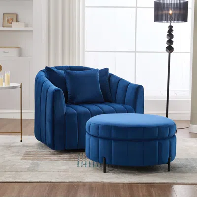 Streamdale Furniture Streamdale Velvet Swivel Barrel Chair, Ottoman & Pillows - Navy