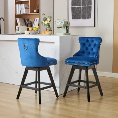 Streamdale Furniture Streamdale Velvet Swivel Barstools - Button Tufted, Wood Legs (set Of 2)