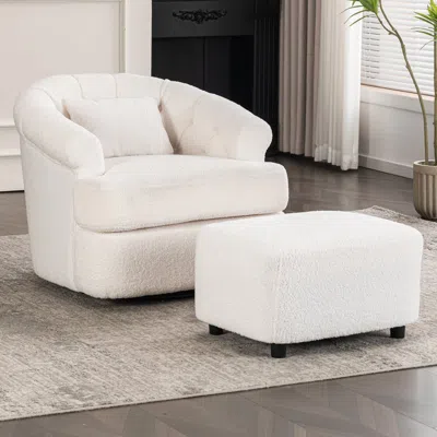 Streamdale Furniture Streamdale Velvet Swivel Chair With Ottoman - Off-white