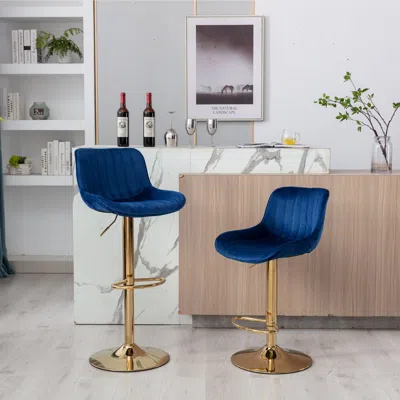 Streamdale Furniture Streamdale Velvet Swivel Footrest With Golden Legs In Blue