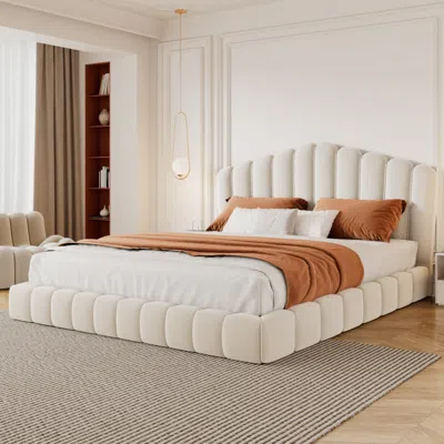 Streamdale Furniture Streamdale Velvet Upholstered Queen Bed Frame, Shell-shaped Headboard, Cream
