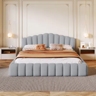 Streamdale Furniture Streamdale Velvet Upholstered Queen Bed Frame Shell-shaped Headboard For Bedroom