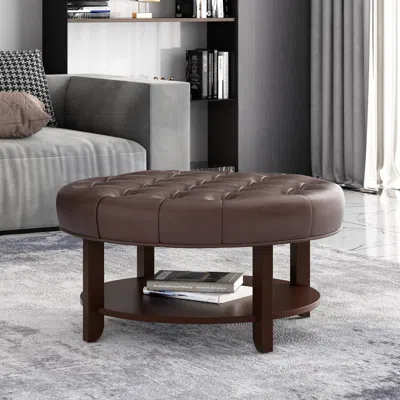 Streamdale Furniture Streamdale Versatile Button Tufted Faux Leather Ottoman With Open Shelf In Brown