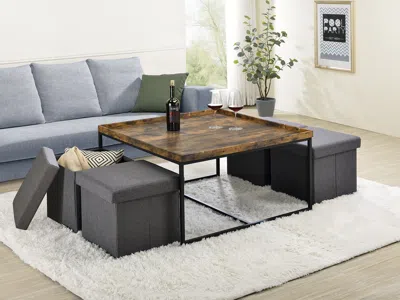 Streamdale Furniture Streamdale Vinny Weathered Oak Wood Grain 5 Piece Coffee Table Set With Raised In Brown