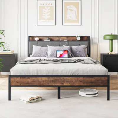 Streamdale Furniture Streamdale Vintage Brown And Gray Queen Bed Frame With Storage Headboard