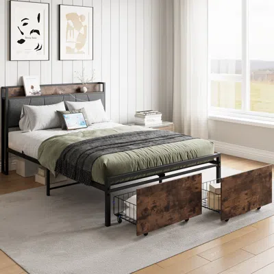 Streamdale Furniture Streamdale Vintage Brown And Gray Storage Headboard Bed Frame
