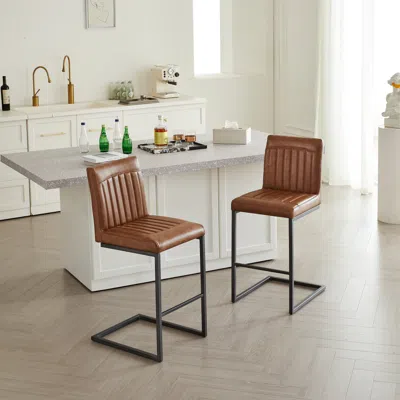 Streamdale Furniture Streamdale Vintage Brown Faux Leather Bar Stool - 26-inch Tufted, Black Metal Frame (2 Sets)