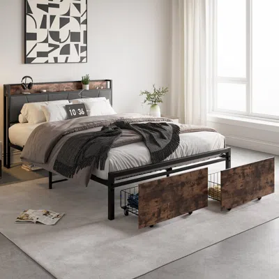 Streamdale Furniture Streamdale Vintage Brown Queen Size Bed Frame With Storage And Charging