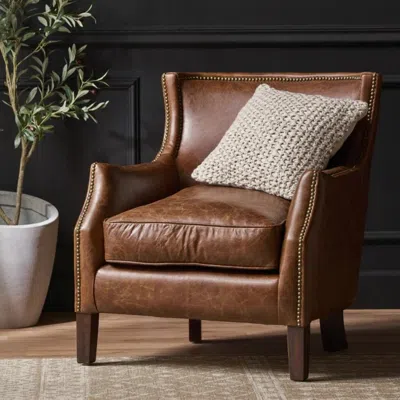 Streamdale Furniture Streamdale Vintage Brown Top Grain Leather Single Sofa With Studded Trim