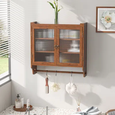 Streamdale Furniture Streamdale Vintage Brown Wooden Wall Cabinet With Fluted Glass Doors Easy Assembly