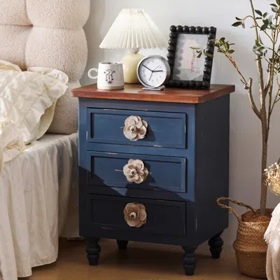 Streamdale Furniture Streamdale Vintage Farmhouse End Table - 19" Rustic Nightstand, 3 Drawers, Blue