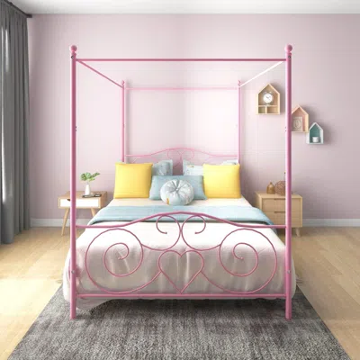 Streamdale Furniture Streamdale Vintage Style Metal Queen Canopy Bed Frame, Pink