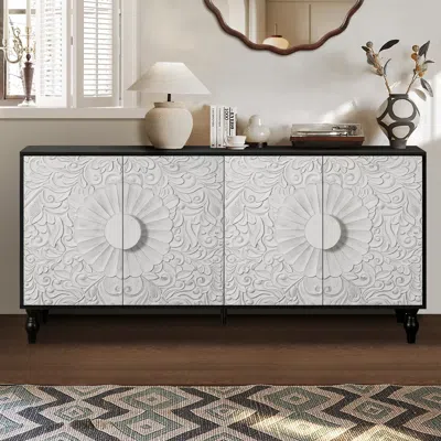 Streamdale Furniture Streamdale Vintage White Carved Doors With Black Frame Cabinet