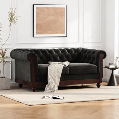 Streamdale Furniture Streamdale Vivalux 59.44" Chesterfield Velvet Loveseat Sofa In Black